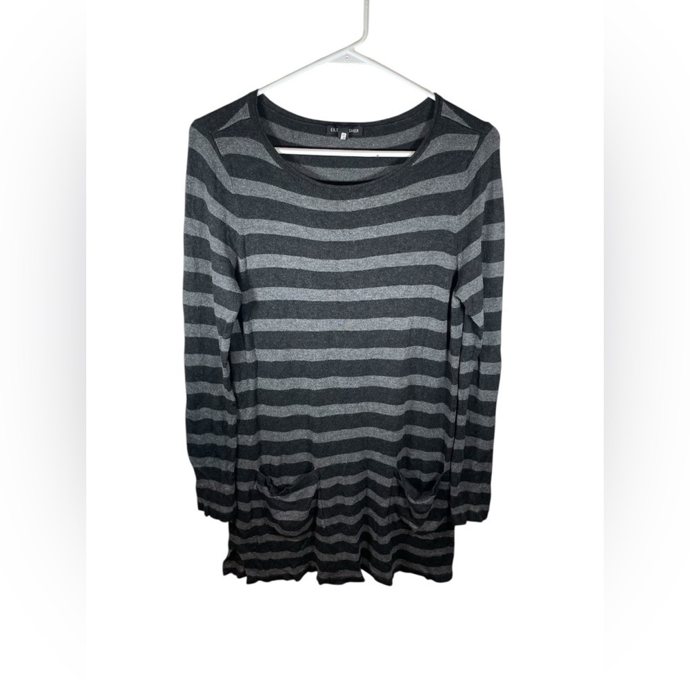 Eileen Fisher Charcoal and Light Gray Striped Knit Tunic Dress with Pockets